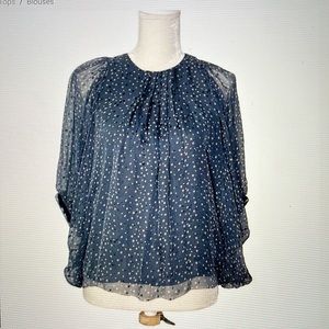 Anthropologie Navy Blue Sheer Polka Dot Blouse